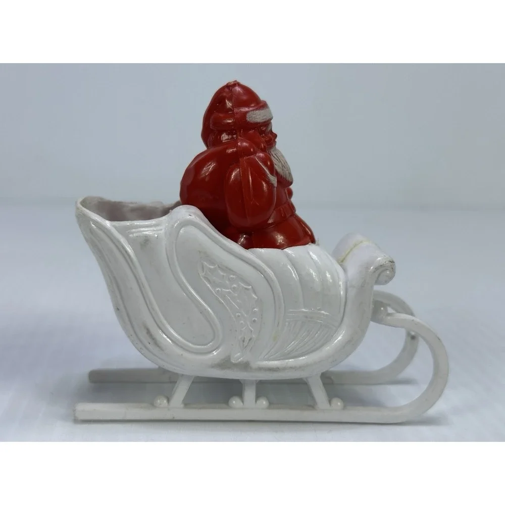 Vintage Christmas Hard Plastic Santa Sleigh Two White  Reindeer Candy Holder